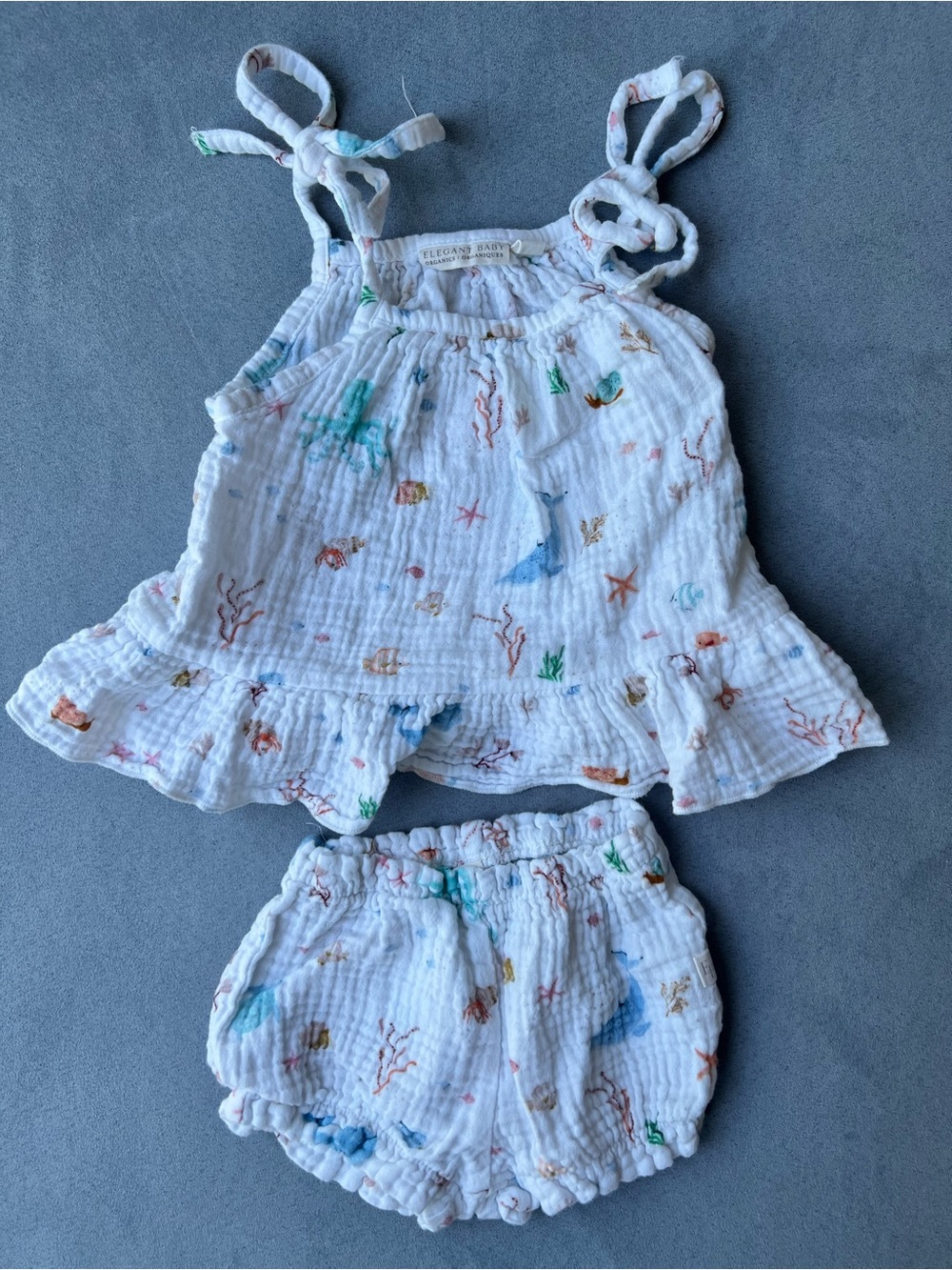 Elegant Baby White Ocean Print Muslin Top & bloomers set organic cotton, 3-6 mo